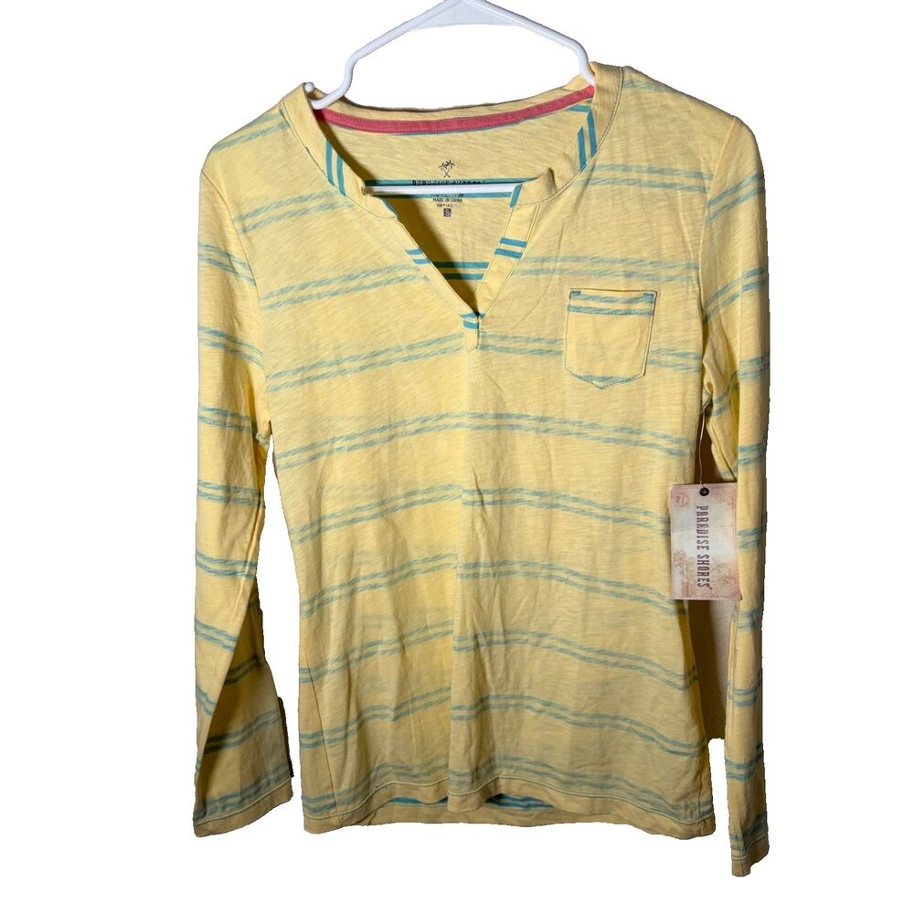 Paradise Shores T-Shirt Women's Small Yellow V-Neck Long Sleeve Striped NWT